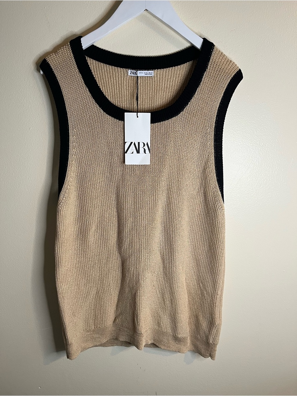 ZARA Beige Knit Sweater Vest Tank with Black Trim NWT